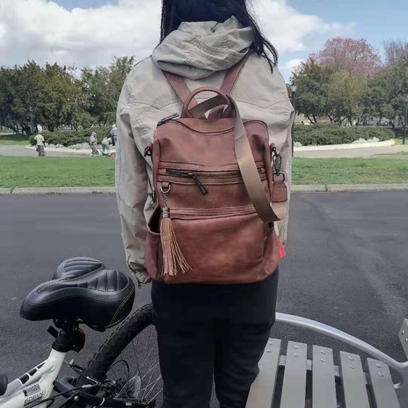 Women Brown Leather Travel Fashion Backpack with Tassel main image 3
